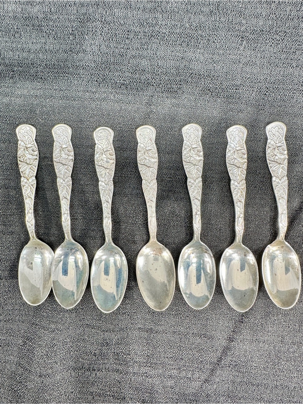 Antique Sterling Set 7 Rose by Knowles Aka Bug Pattern Floral Demitasse Spoons